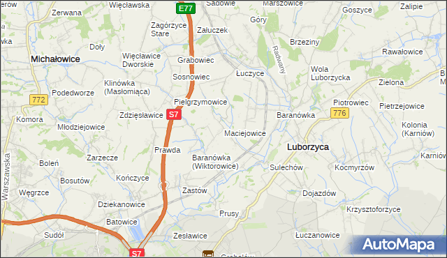 mapa Maciejowice gmina Kocmyrzów-Luborzyca, Maciejowice gmina Kocmyrzów-Luborzyca na mapie Targeo