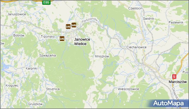 mapa Mniszków gmina Janowice Wielkie, Mniszków gmina Janowice Wielkie na mapie Targeo