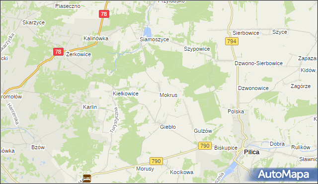 mapa Mokrus gmina Ogrodzieniec, Mokrus gmina Ogrodzieniec na mapie Targeo