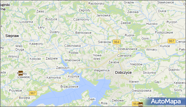 mapa Nowa Wieś gmina Dobczyce, Nowa Wieś gmina Dobczyce na mapie Targeo