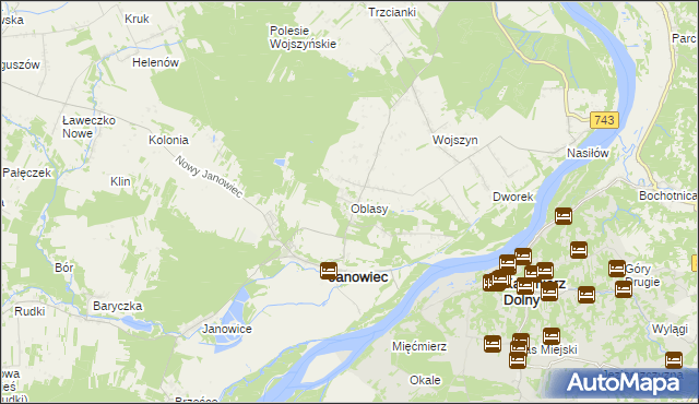 mapa Oblasy gmina Janowiec, Oblasy gmina Janowiec na mapie Targeo