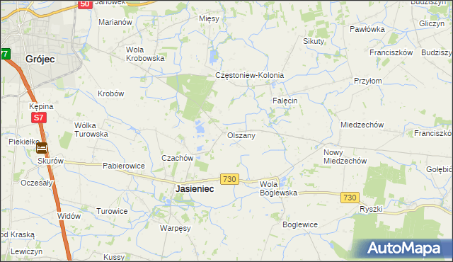 mapa Olszany gmina Jasieniec, Olszany gmina Jasieniec na mapie Targeo