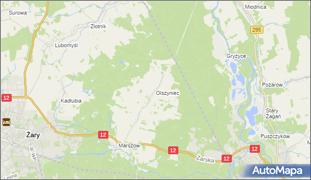 mapa Olszyniec gmina Żary, Olszyniec gmina Żary na mapie Targeo