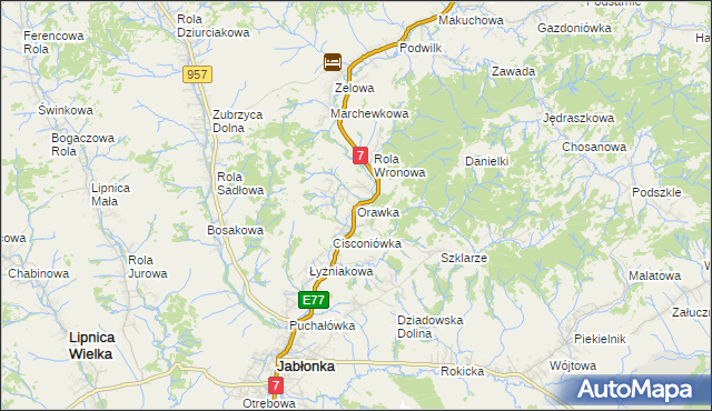 mapa Orawka gmina Jabłonka, Orawka gmina Jabłonka na mapie Targeo