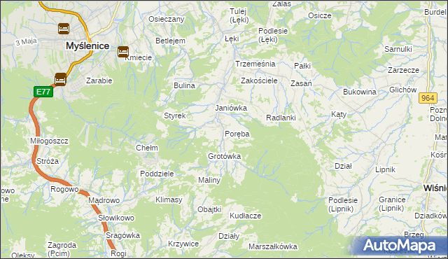 mapa Poręba gmina Myślenice, Poręba gmina Myślenice na mapie Targeo