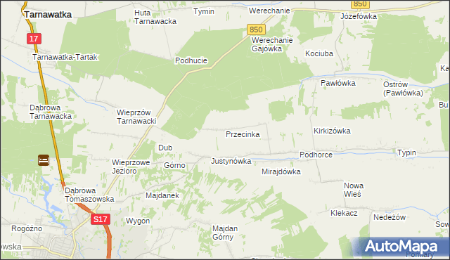 mapa Przecinka gmina Tomaszów Lubelski, Przecinka gmina Tomaszów Lubelski na mapie Targeo