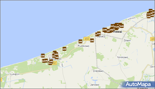 mapa Pustkowo gmina Rewal, Pustkowo gmina Rewal na mapie Targeo