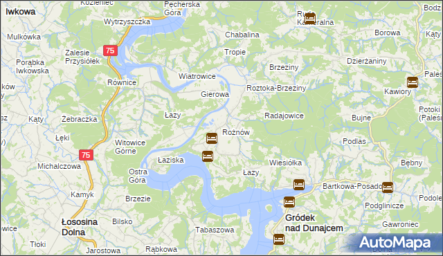 mapa Rożnów gmina Gródek nad Dunajcem, Rożnów gmina Gródek nad Dunajcem na mapie Targeo