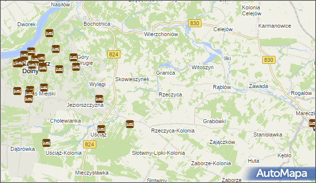 mapa Rzeczyca gmina Kazimierz Dolny, Rzeczyca gmina Kazimierz Dolny na mapie Targeo