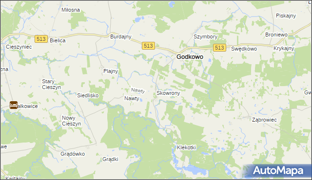 mapa Skowrony gmina Godkowo, Skowrony gmina Godkowo na mapie Targeo