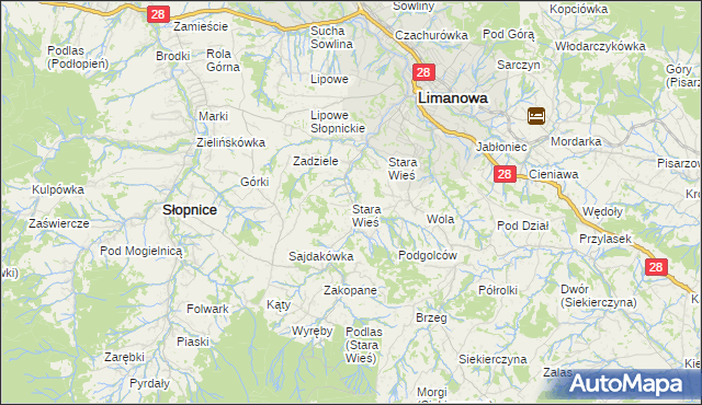 mapa Stara Wieś gmina Limanowa, Stara Wieś gmina Limanowa na mapie Targeo