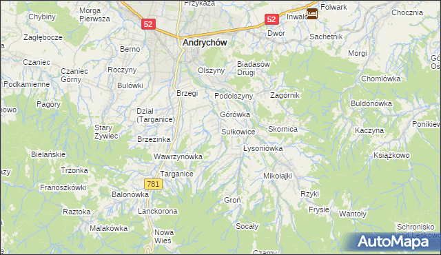 mapa Sułkowice gmina Andrychów, Sułkowice gmina Andrychów na mapie Targeo