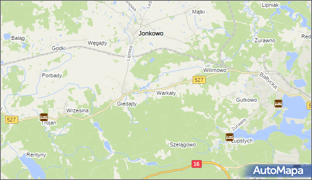 mapa Warkały gmina Jonkowo, Warkały gmina Jonkowo na mapie Targeo