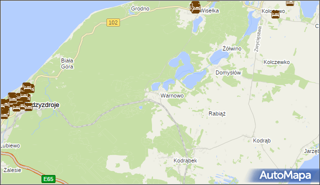 mapa Warnowo gmina Wolin, Warnowo gmina Wolin na mapie Targeo