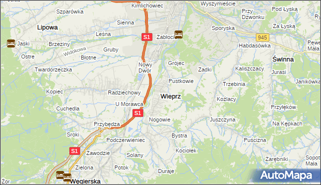 mapa Wieprz gmina Radziechowy-Wieprz, Wieprz gmina Radziechowy-Wieprz na mapie Targeo