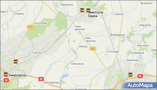 mapa Witków gmina Jaworzyna Śląska, Witków gmina Jaworzyna Śląska na mapie Targeo