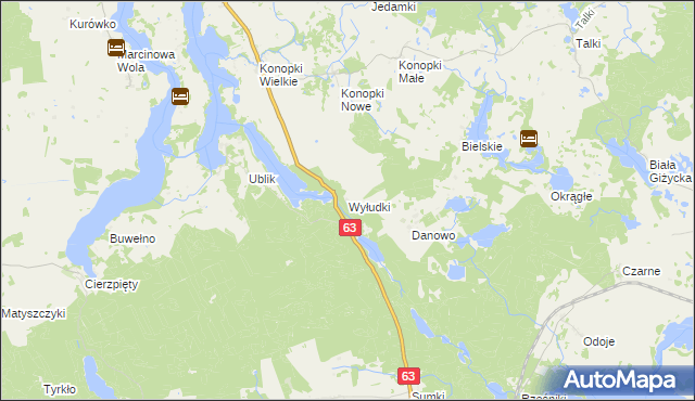 mapa Wyłudki gmina Miłki, Wyłudki gmina Miłki na mapie Targeo