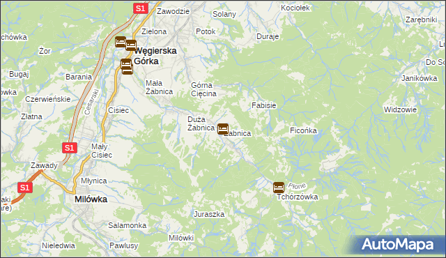 mapa Żabnica gmina Węgierska Górka, Żabnica gmina Węgierska Górka na mapie Targeo