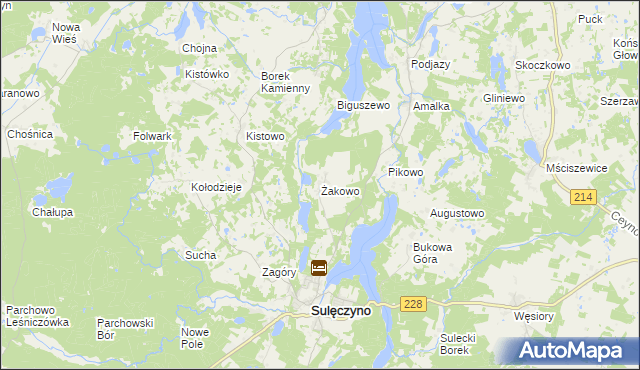 mapa Żakowo gmina Sulęczyno, Żakowo gmina Sulęczyno na mapie Targeo