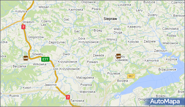 mapa Zawada gmina Myślenice, Zawada gmina Myślenice na mapie Targeo