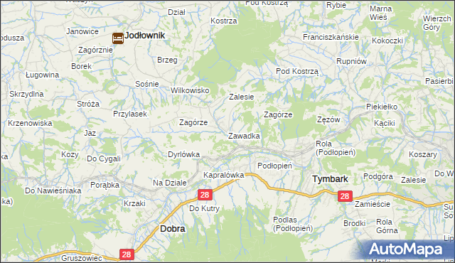 mapa Zawadka gmina Tymbark, Zawadka gmina Tymbark na mapie Targeo