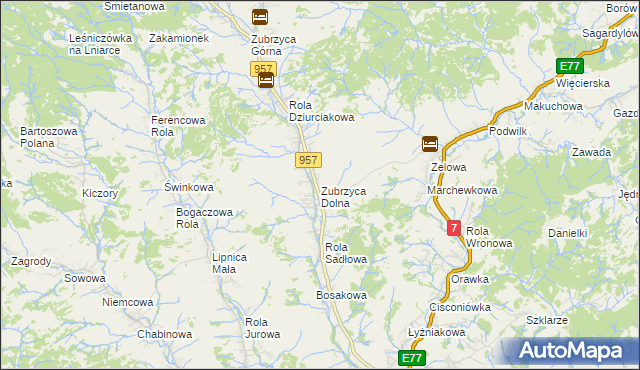 mapa Zubrzyca Dolna, Zubrzyca Dolna na mapie Targeo