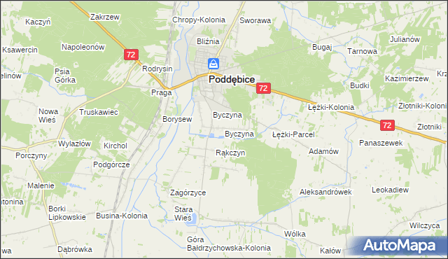 mapa Byczyna gmina Poddębice, Byczyna gmina Poddębice na mapie Targeo