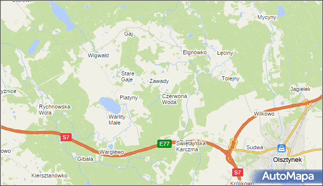 mapa Czerwona Woda gmina Olsztynek, Czerwona Woda gmina Olsztynek na mapie Targeo