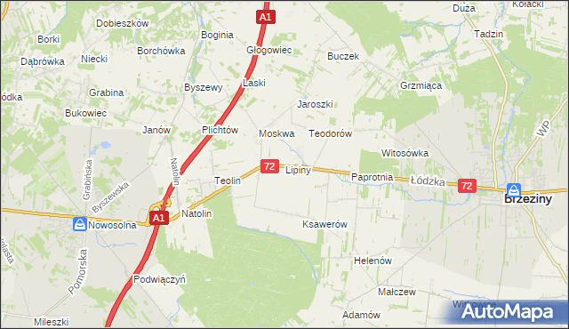 mapa Lipiny gmina Nowosolna, Lipiny gmina Nowosolna na mapie Targeo