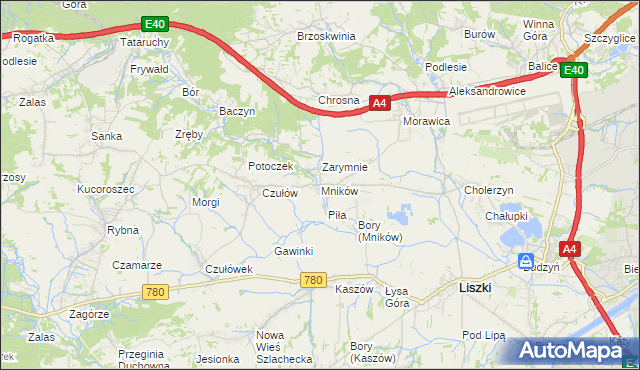 mapa Mników gmina Liszki, Mników gmina Liszki na mapie Targeo