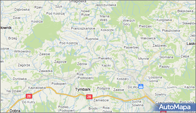 mapa Piekiełko gmina Tymbark, Piekiełko gmina Tymbark na mapie Targeo