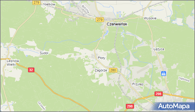 mapa Płoty gmina Czerwieńsk, Płoty gmina Czerwieńsk na mapie Targeo