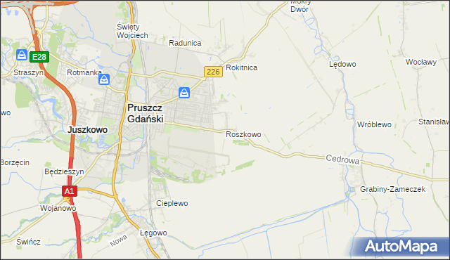 mapa Roszkowo gmina Pruszcz Gdański, Roszkowo gmina Pruszcz Gdański na mapie Targeo