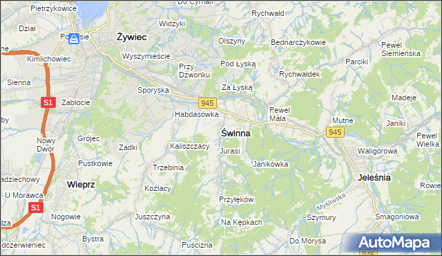 mapa Świnna powiat żywiecki, Świnna powiat żywiecki na mapie Targeo