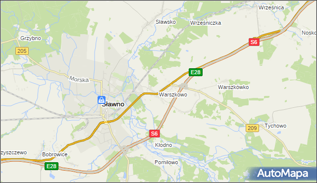 mapa Warszkowo gmina Sławno, Warszkowo gmina Sławno na mapie Targeo