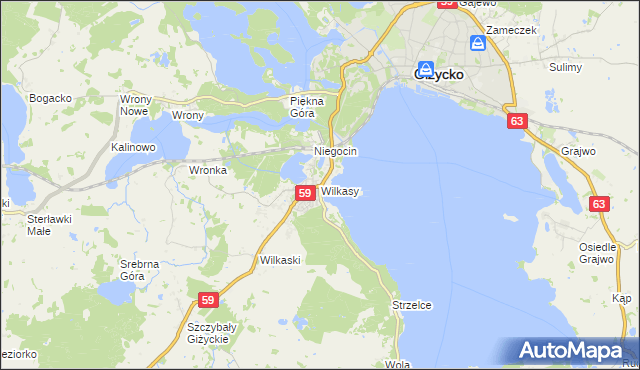 mapa Wilkasy gmina Giżycko, Wilkasy gmina Giżycko na mapie Targeo