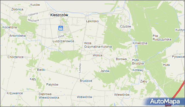 mapa Wolica gmina Kleszczów, Wolica gmina Kleszczów na mapie Targeo