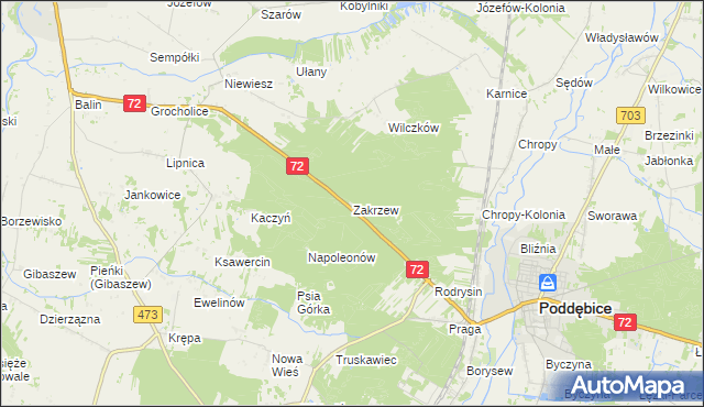 mapa Zakrzew gmina Poddębice, Zakrzew gmina Poddębice na mapie Targeo
