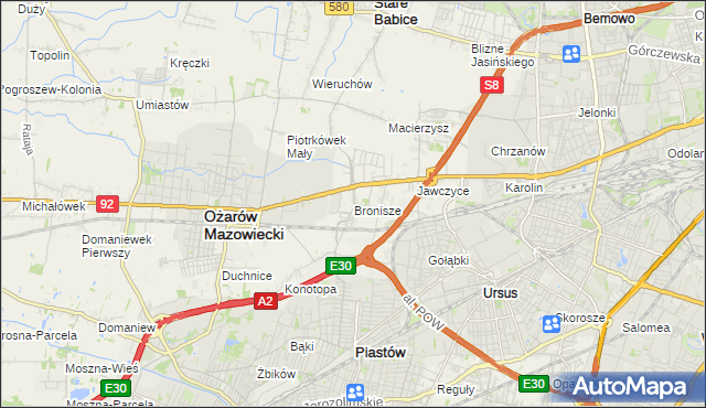 mapa Bronisze gmina Ożarów Mazowiecki, Bronisze gmina Ożarów Mazowiecki na mapie Targeo