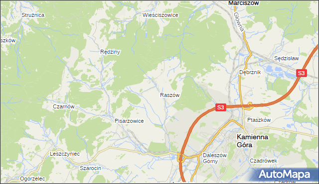 mapa Raszów gmina Kamienna Góra, Raszów gmina Kamienna Góra na mapie Targeo