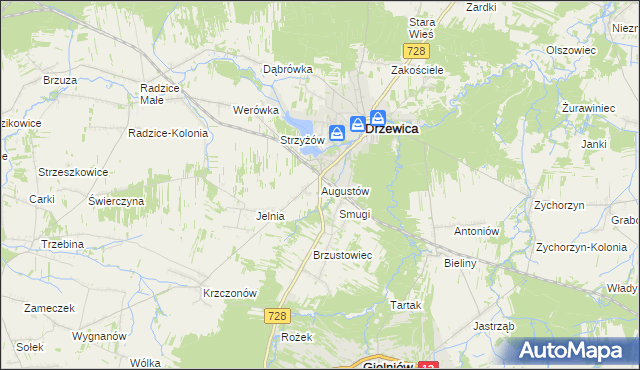 mapa Augustów gmina Drzewica, Augustów gmina Drzewica na mapie Targeo