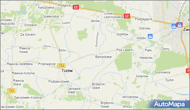 mapa Bartodzieje gmina Tczów, Bartodzieje gmina Tczów na mapie Targeo