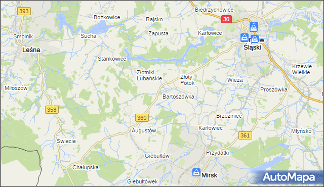 mapa Bartoszówka gmina Leśna, Bartoszówka gmina Leśna na mapie Targeo