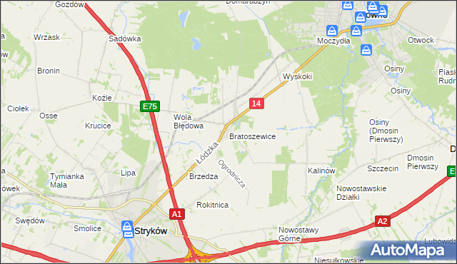 mapa Bratoszewice, Bratoszewice na mapie Targeo