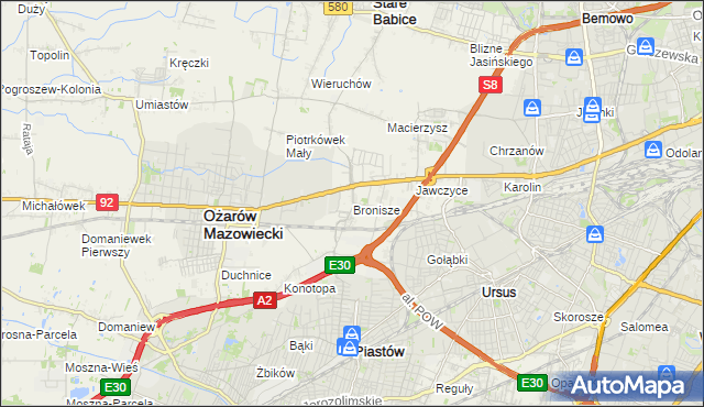 mapa Bronisze gmina Ożarów Mazowiecki, Bronisze gmina Ożarów Mazowiecki na mapie Targeo