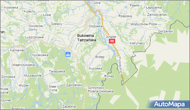 mapa Brzegi gmina Bukowina Tatrzańska, Brzegi gmina Bukowina Tatrzańska na mapie Targeo