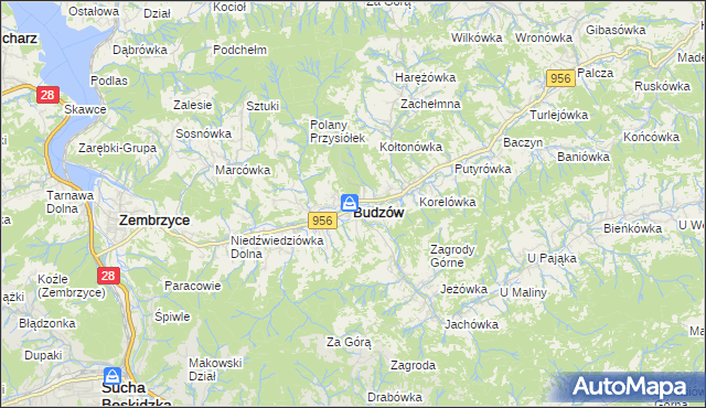 mapa Budzów powiat suski, Budzów powiat suski na mapie Targeo