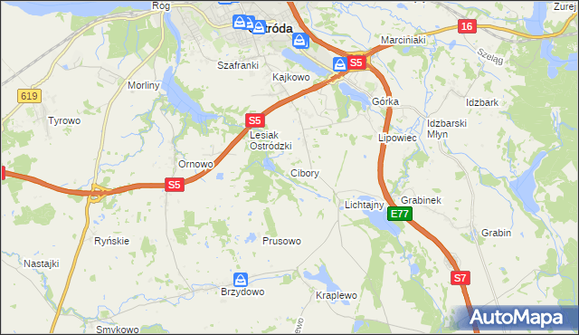 mapa Cibory gmina Ostróda, Cibory gmina Ostróda na mapie Targeo