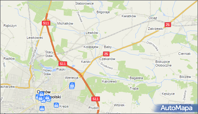 mapa Czekanów gmina Ostrów Wielkopolski, Czekanów gmina Ostrów Wielkopolski na mapie Targeo