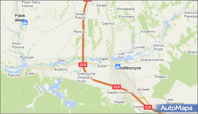 mapa Dąbie gmina Modliborzyce, Dąbie gmina Modliborzyce na mapie Targeo